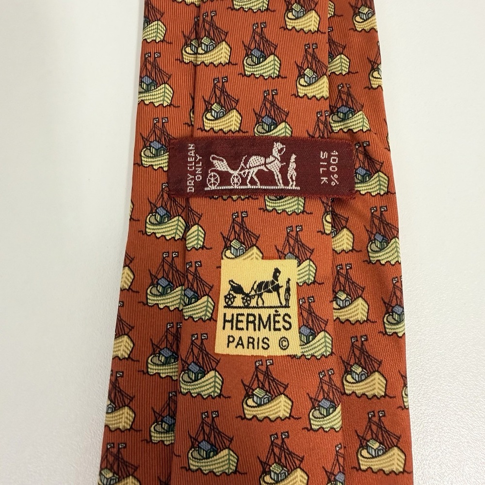 Hermes Tie Nautical Sailboats Noah's Ark Rust/Yellow 7335 EA Silk 3.5" x 57" euc